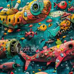 seamless Seamless 3D PBR Graffiti Texture Featuring Vivid Underwater Mural with Submarine and Marine Life texture 8k free download PBR