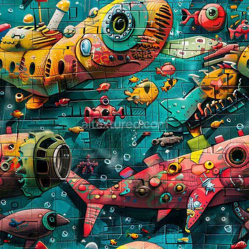 Seamless 3D PBR Graffiti Texture Featuring Vivid Underwater Mural with Submarine and Marine Life