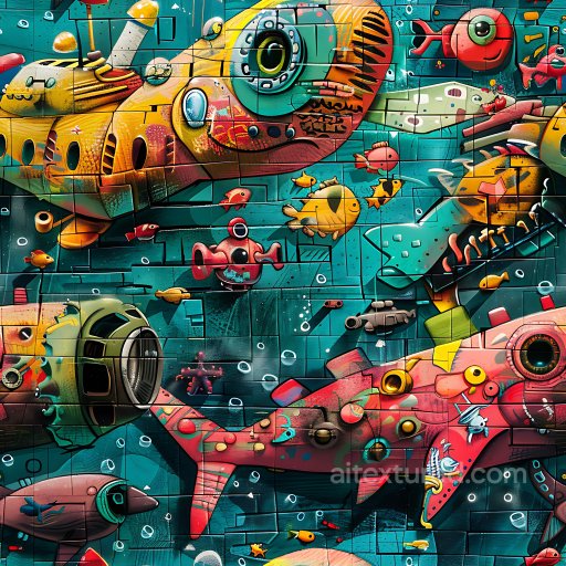 Seamless 3D PBR Graffiti Texture Featuring Vivid Underwater Mural with Submarine and Mari… texture preview