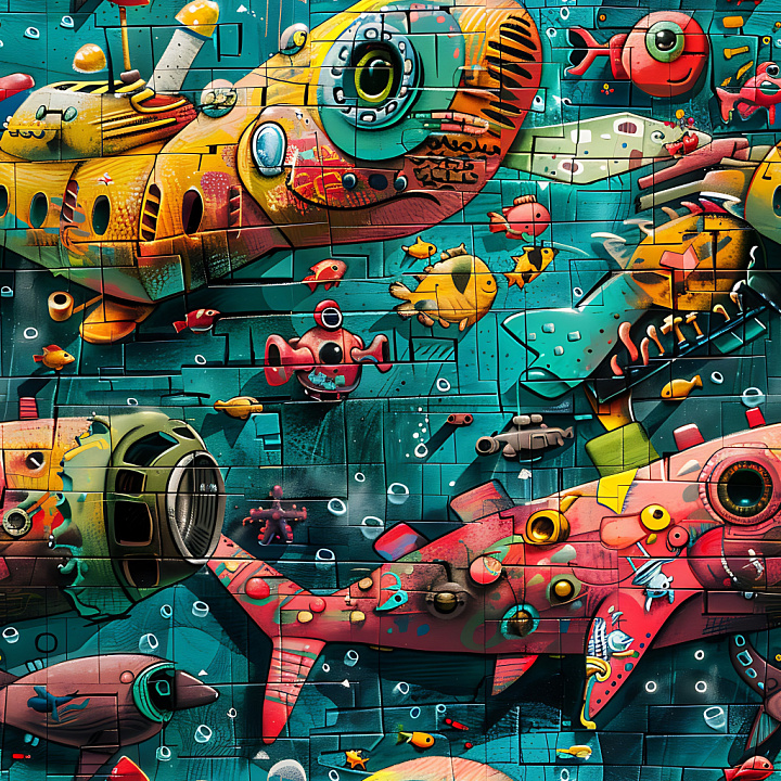Graffiti Featuring Vivid Underwater Mural with Submarine and Marine Life seamless PBR texture preview