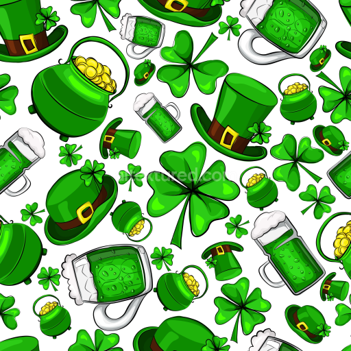Seamless 3D PBR Texture Featuring Vibrant St Patrick Symbols: Shamrocks, Leprechaun Hats & Beer