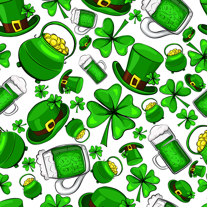 Featuring Vibrant St Patrick Symbols: Shamrocks, Leprechaun Hats & Beer seamless PBR texture preview