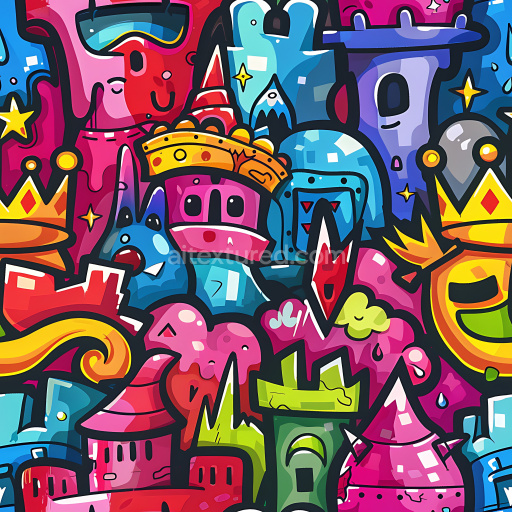 Seamless 3D PBR Graffiti Texture with Colorful Cartoon Figures and Urban Art Style
