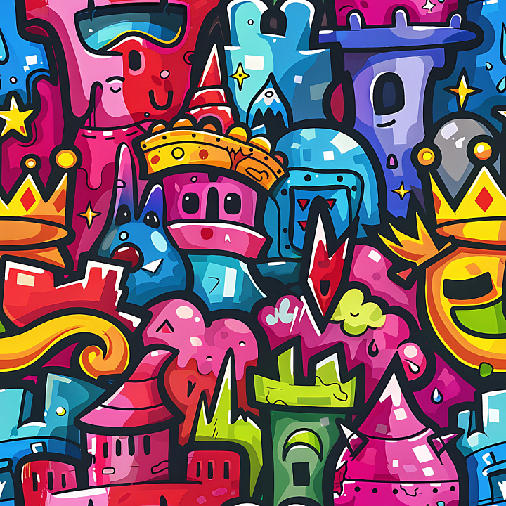 Graffiti with Colorful Cartoon Figures and Urban Art Style seamless PBR texture preview