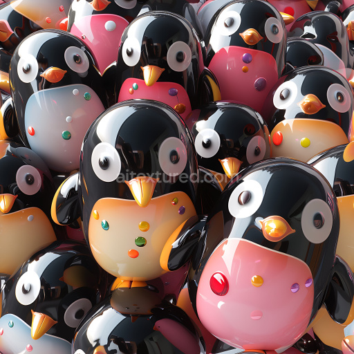 Preview — Seamless 3D Inflated PBR Texture of Glossy Black and Pink Penguin Toys with Colorful Dots