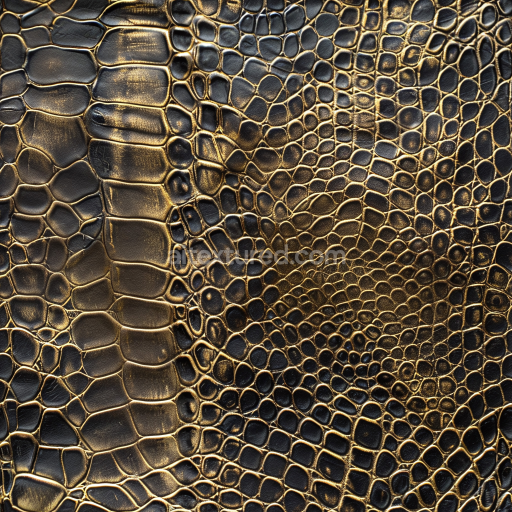 Seamless 3D black leather PBR texture with gold embossed crocodile grain