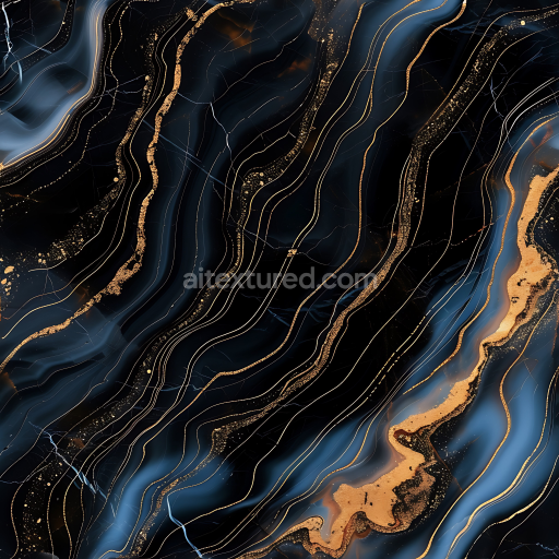 Seamless 3D Glossy Black Marble PBR Texture with Gold and Blue Swirling Veins