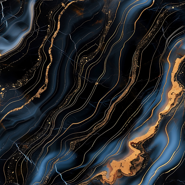 Glossy Black Marble with Gold and Blue Swirling Veins seamless PBR texture preview