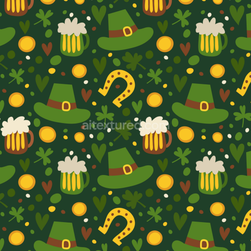 Seamless 3D PBR St Patrick Pattern Texture Featuring Leprechaun Hats & Beer Mugs
