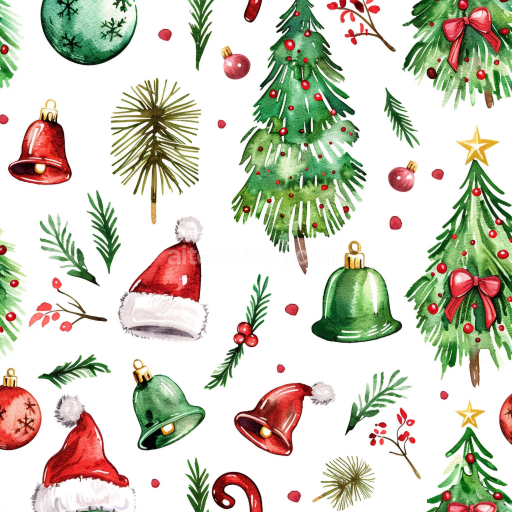 Seamless 3D PBR Christmas Watercolor Texture with Festive Trees and Ornaments