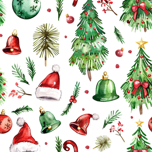 Christmas Watercolor Texture with Festive Trees and Ornaments seamless Christmas Watercolor PBR texture