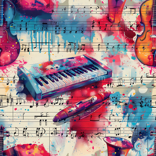 Seamless 3D PBR Graffiti Texture Featuring Musical Instruments and Colorful Paint Splashes