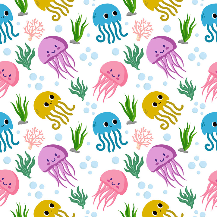 Pattern with Colorful Cute Jellyfish and Underwater Motifs seamless PBR texture preview