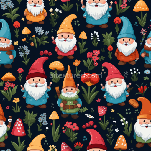 Preview — Seamless 3D PBR texture featuring colorful cartoon gnomes and mushrooms