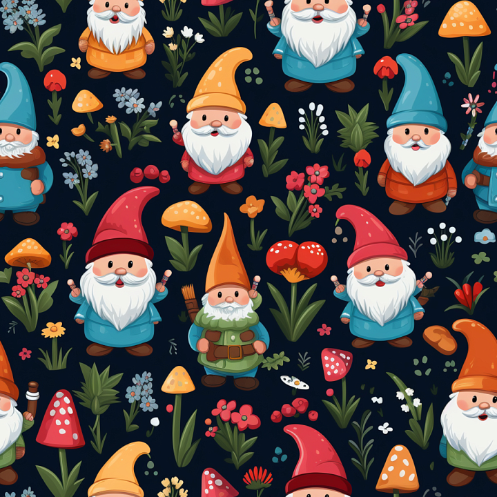 Featuring Colorful Cartoon Gnomes And Mushrooms seamless PBR texture preview