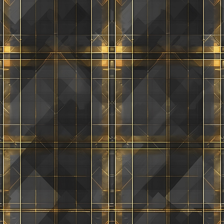Black and Gold Plaid Fabric with Shimmering Lines seamless PBR texture preview