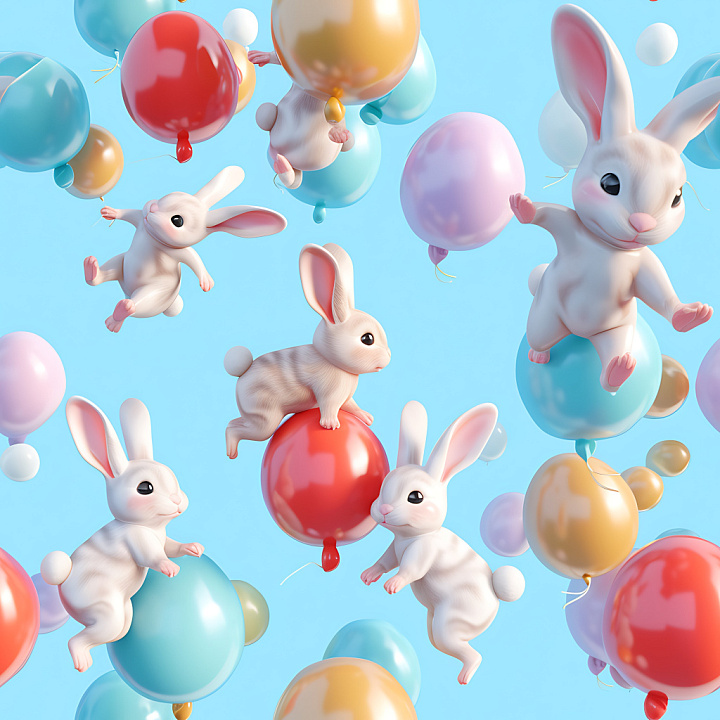 Inflated Featuring Shiny Balloon Surfaces with Cute Bunny Illustrations seamless PBR texture preview