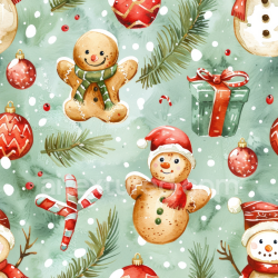 seamless Seamless Watercolor Christmas 3D PBR Texture with Gingerbread, Snowmen & Holiday Ornaments texture 8k free download PBR
