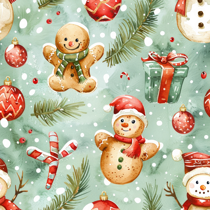 Watercolor Christmas with Gingerbread, Snowmen & Holiday Ornaments seamless PBR texture preview