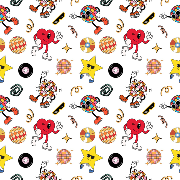 Pattern Featuring Retro Cartoon Motifs with Vibrant Colors and Playful… seamless PBR texture preview