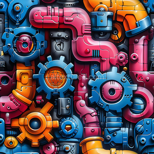 Seamless 3D PBR Graffiti Texture Featuring Colorful Mechanical Gears and Pipes