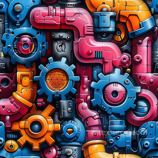 Seamless 3D PBR Graffiti Texture Featuring Colorful Mechanical Gears and Pipes texture preview