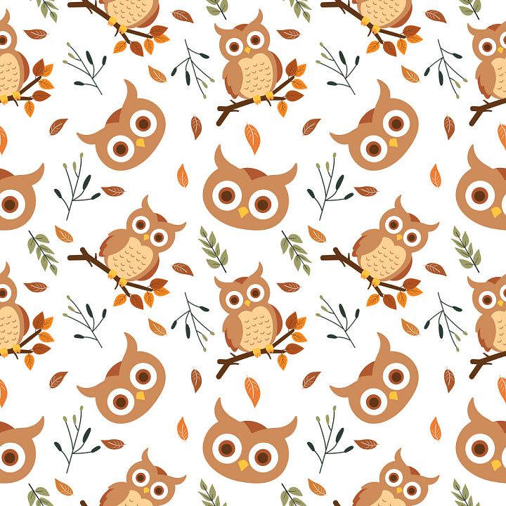 Pattern with Cute Owl Motifs and Autumnal Leaf Accents seamless PBR texture preview