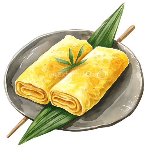 Japanese Tamagoyaki Rolled Omelette Breakfast Illustration with Green Leaves on Plate