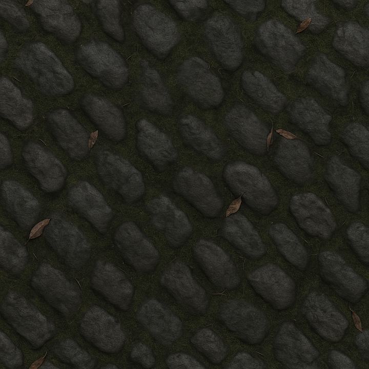 Spooky Cobblestone Path With Moss And Damp Stone seamless PBR texture preview