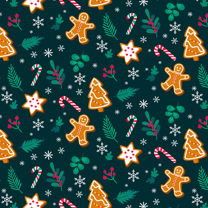 Christmas Pattern Fabric with Festive Cookies & Foliage seamless PBR texture preview