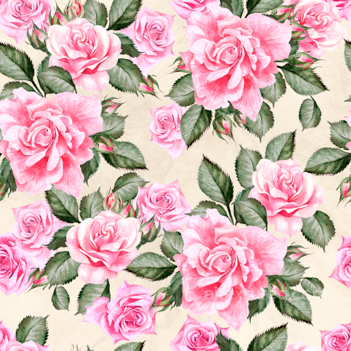 Flower Texture of Watercolor Pink Roses with Green Leaves on Soft Beige seamless Flower  PBR texture