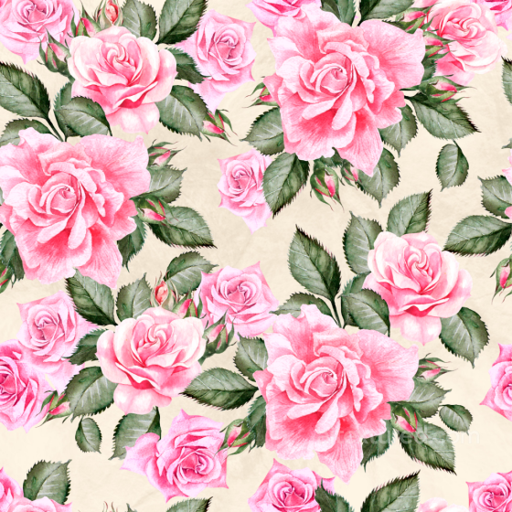 Flower Texture of Watercolor Pink Roses with Green Leaves on Soft Beige Flower texture preview