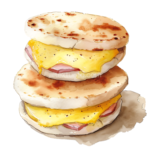 Breakfast Arepas with Melted Cheese and Ham Watercolor Illustration