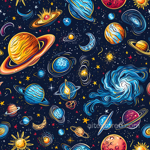 Space PBR Texture Featuring Cartoon Style Galaxy, Planets & Stars seamless Star, space, planets PBR texture