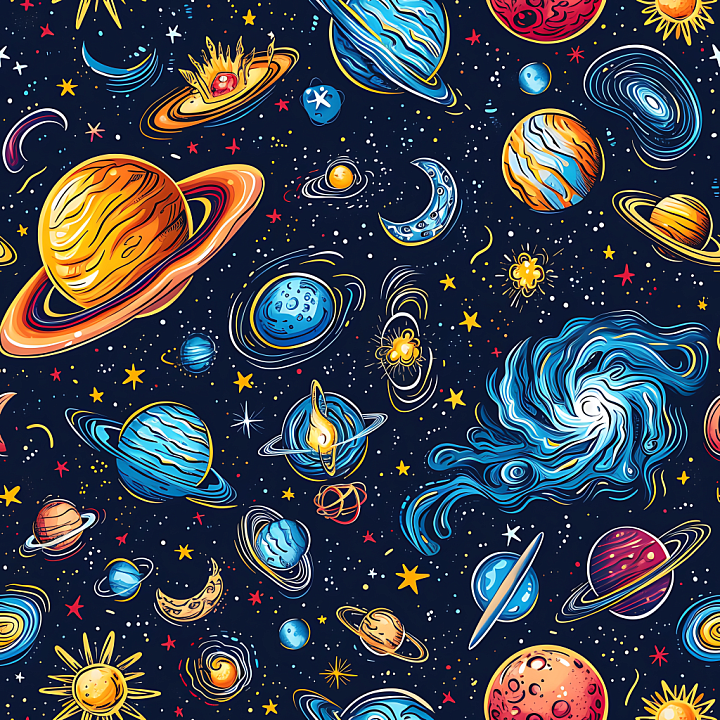 Space Featuring Cartoon Style Galaxy, Planets & Stars seamless PBR texture preview