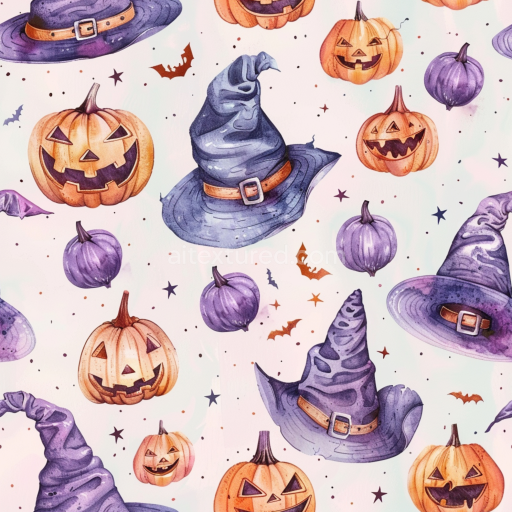 Seamless 3D PBR Texture Featuring Watercolor Halloween Pumpkins and Witch Hats