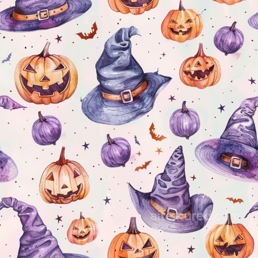 Featuring Watercolor Halloween Pumpkins and Witch Hats seamless Watercolor Halloween PBR texture