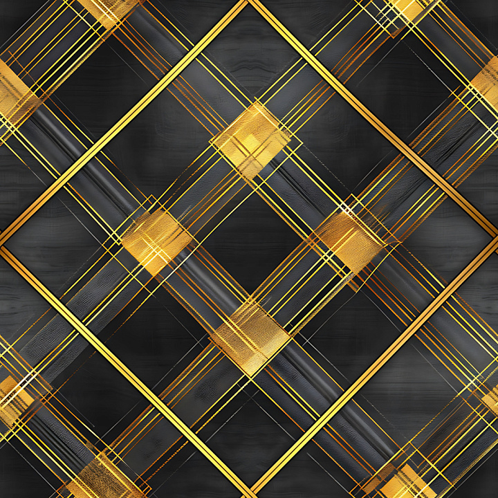 Plaid Featuring Black Background with Golden Geometric Lines seamless PBR texture preview