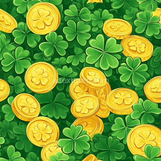 Seamless 3D PBR Texture of Green Shamrocks and Golden Coins for St Patrick