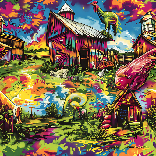 Seamless 3D PBR Graffiti Texture Featuring Colorful Farmyard Mural with Animals and Barns