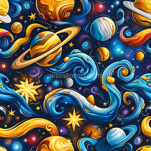 Seamless 3D Space PBR Texture Featuring Stylized Planets, Stars & Cosmic Swirls