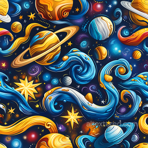 Space PBR Texture Featuring Stylized Planets, Stars & Cosmic Swirls seamless Star, space, planets PBR texture