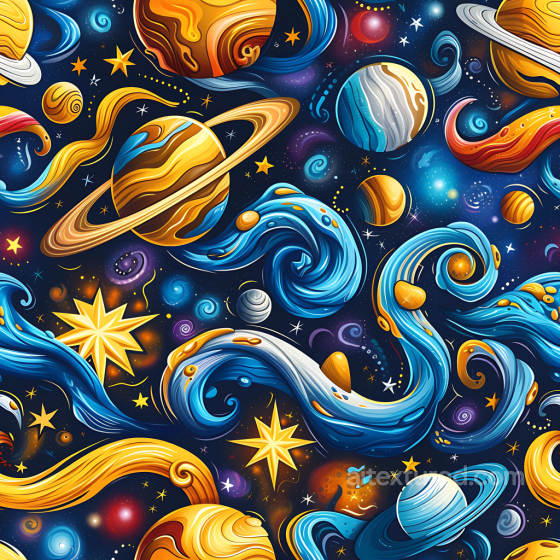 Space PBR Texture Featuring Stylized Planets, Stars & Cosmic Swirls Star, space, planets texture preview