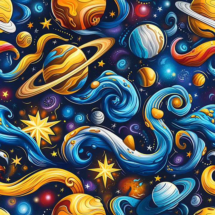 Space Featuring Stylized Planets, Stars & Cosmic Swirls seamless PBR texture preview