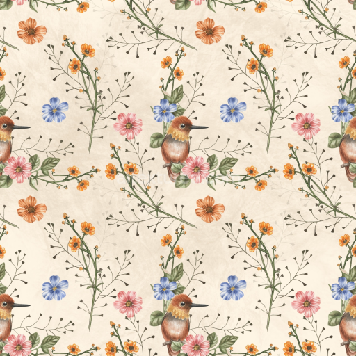 Seamless 3D PBR Floral Fabric Texture Featuring Colored Flowers and Birds