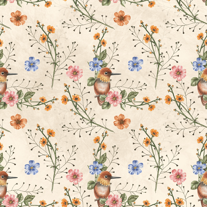 Floral Fabric Featuring Colored Flowers and Birds seamless PBR texture preview