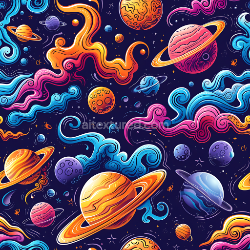 Seamless 3D Cartoon Space PBR Texture with Vibrant Colorful Planets and Nebulae