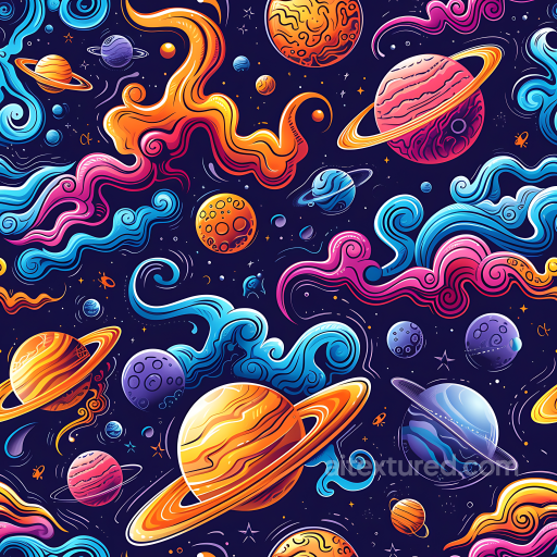Cartoon Space PBR Texture with Vibrant Colorful Planets and Nebulae seamless Star, space, planets PBR texture
