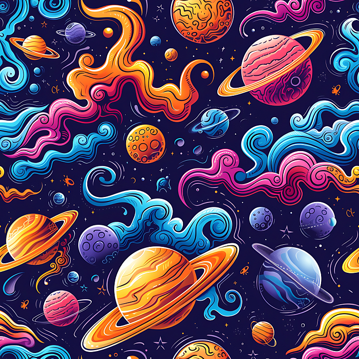 Cartoon Space with Vibrant Colorful Planets and Nebulae seamless PBR texture preview