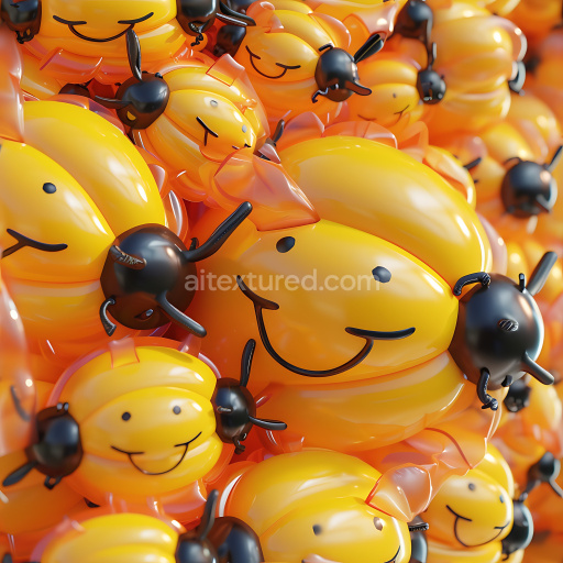 Seamless 3D Inflated PBR Texture of Glossy Cartoon Bee Plush Panels in Bright Yellow and Black